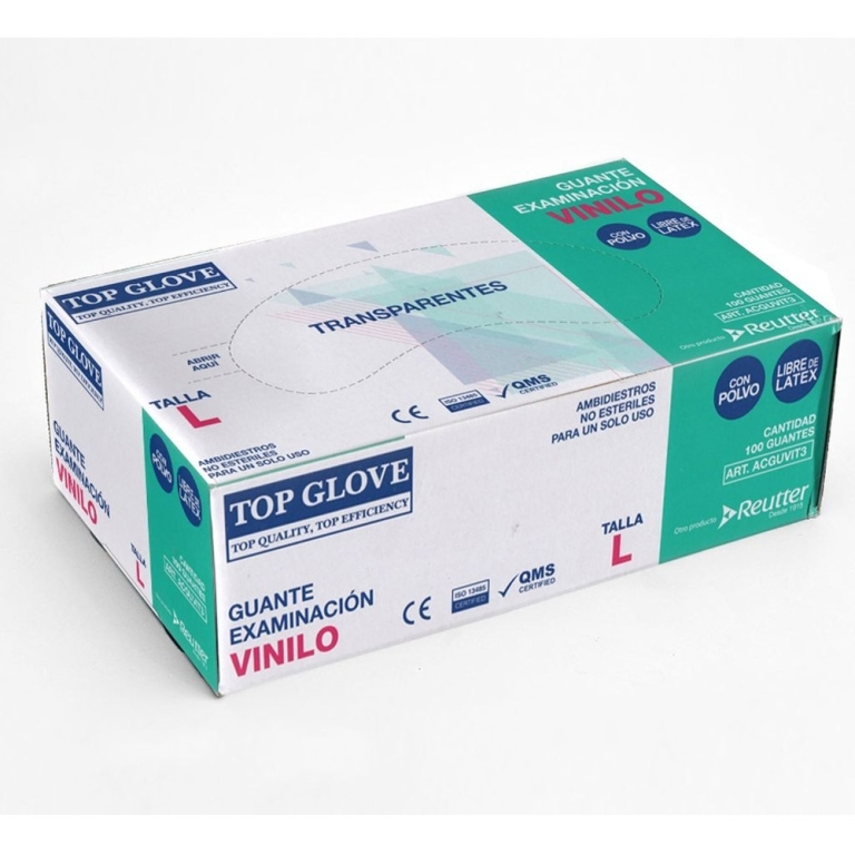 GUANTES DE EXAMINACIÓN DE VINILO TRANSPARENTE TOP GLOVE TALLA L PACK X 100