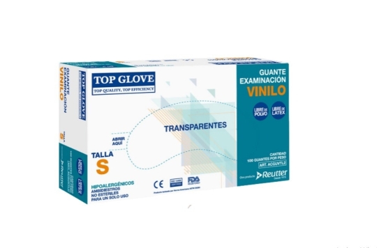 GUANTES DE EXAMINACIÓN TOP GLOVE CON VINILO TALLA S PACK X 100