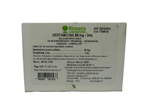 Gentamicina 80Mg/2Ml X 5 Ampollas | gentamicina 5ampollas