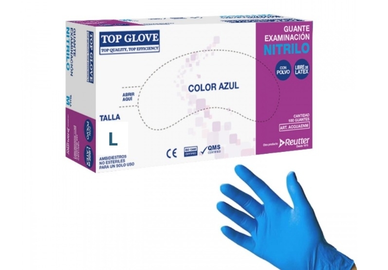 GUANTE EX. NITRILO C/P AZUL TOP GLOVE TALLA L X100