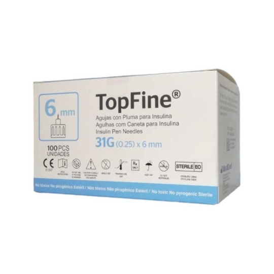 LAPIZ TOPFINE PARA PLUMA DE INSULINA 31G X 6MM X 100 UNIDADES