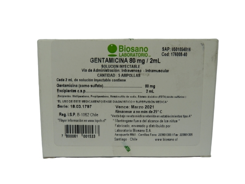 Gentamicina 80Mg/2Ml X 5 Ampollas | gentamicina 5ampollas