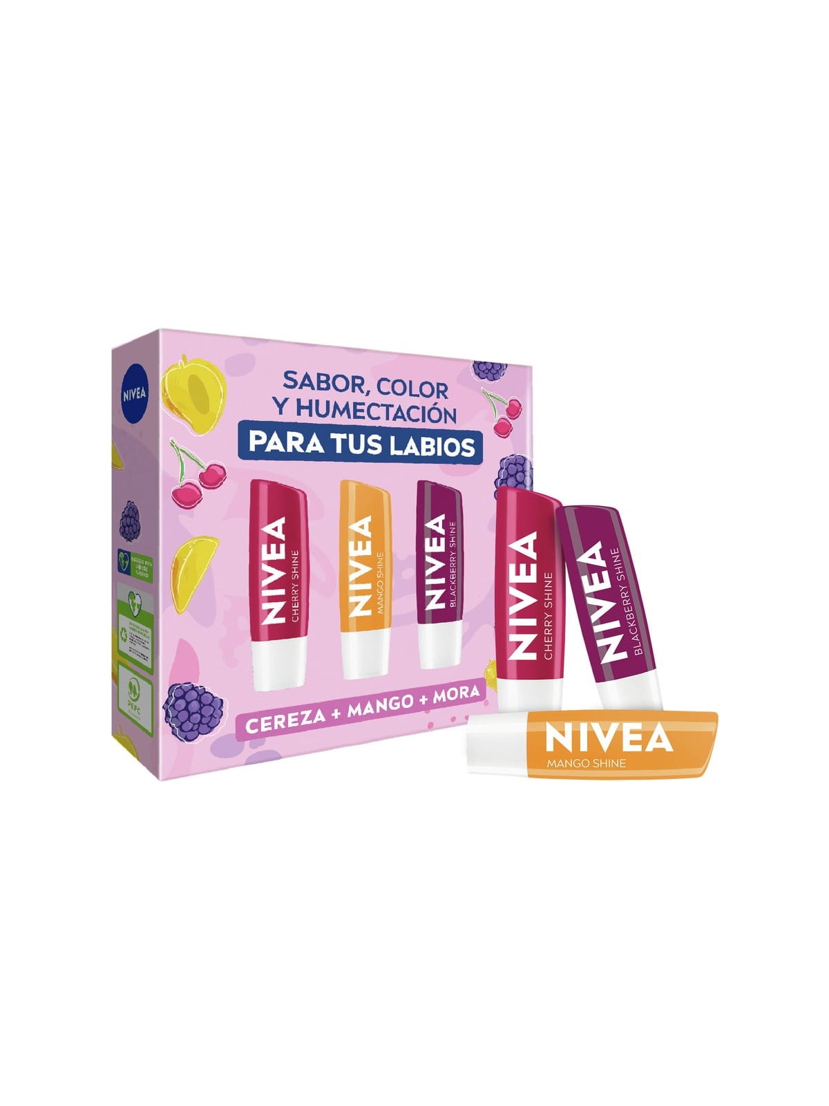 NIVEA PACK 3 BALSAMOS LABIALES CEREZA + MANGO + MORA